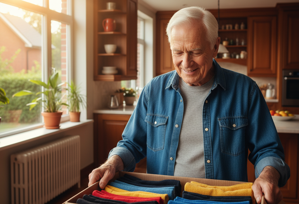 Elderly man packing a box of clothes