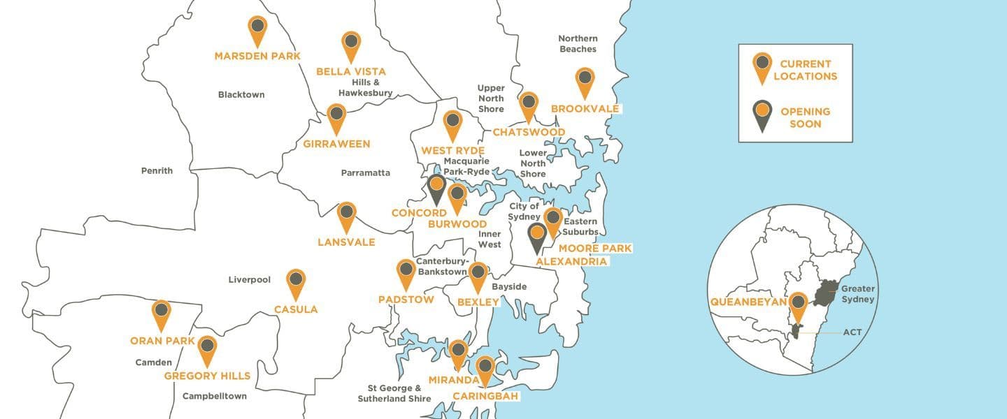 17 convenient locations across Sydney & Canberra